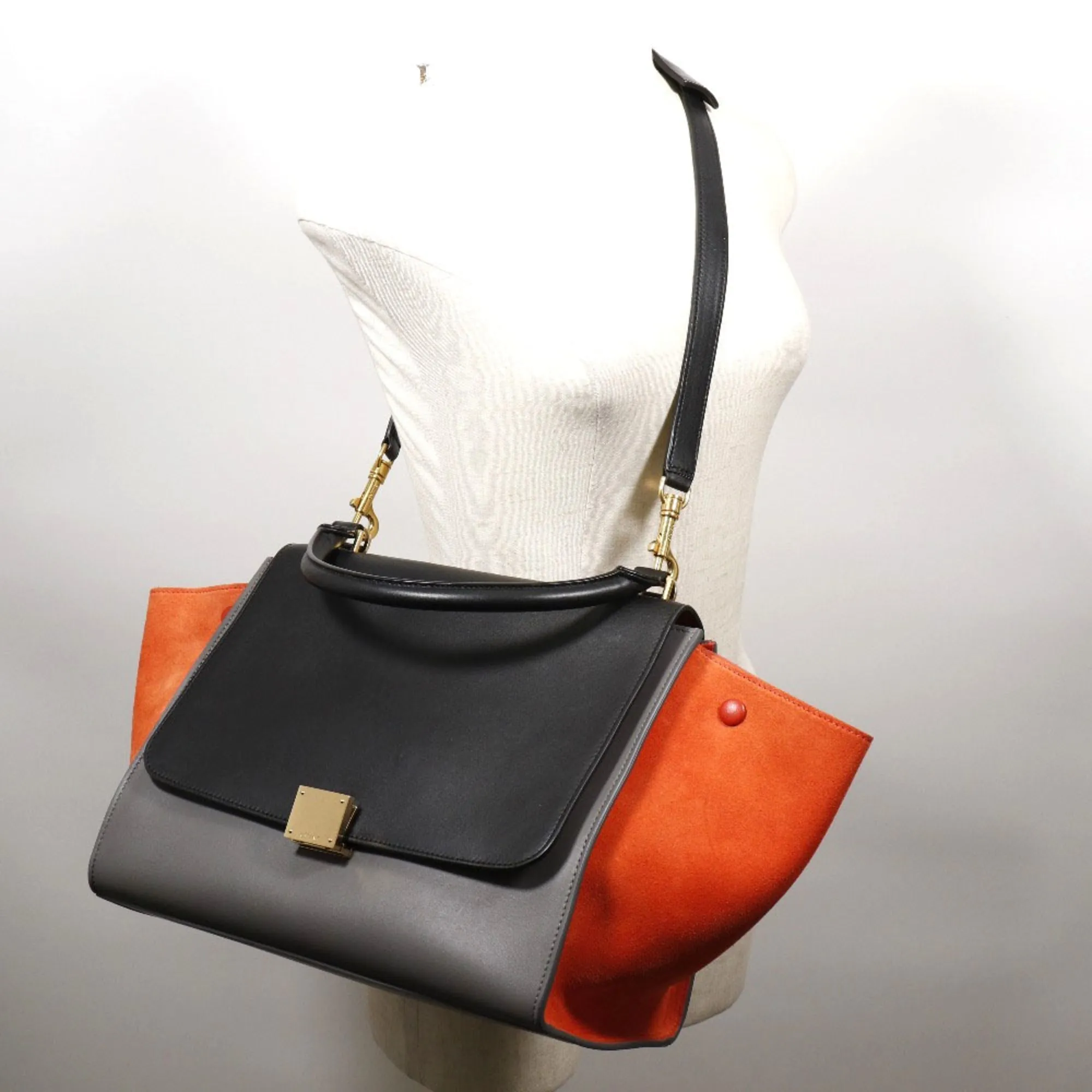 Celine Trapeze Handbag 2WAY Shoulder 169543PTA.25FO Calf x Suede Black/Gray/Orange Ladies