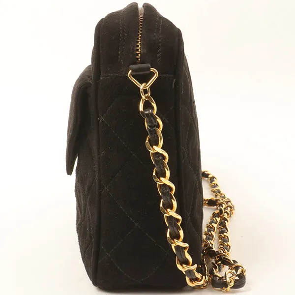 Chanel Around 1990 Made Suede Cc Mark Stitch Fringe Chain Bag Black