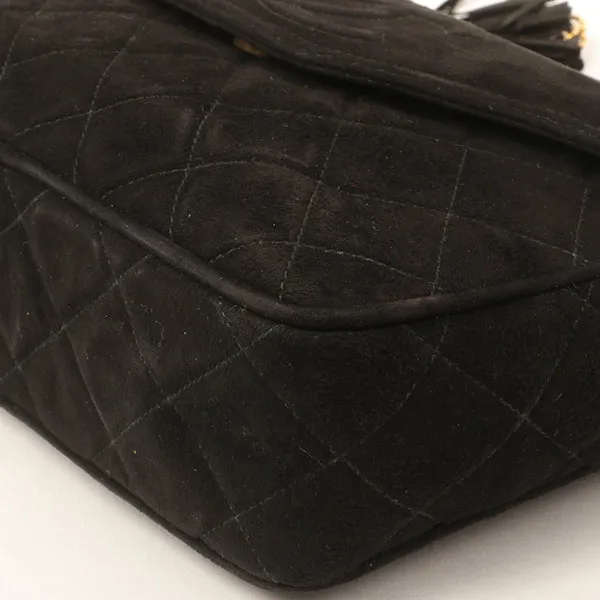 Chanel Around 1990 Made Suede Cc Mark Stitch Fringe Chain Bag Black