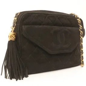 Chanel Around 1990 Made Suede Cc Mark Stitch Fringe Chain Bag Black