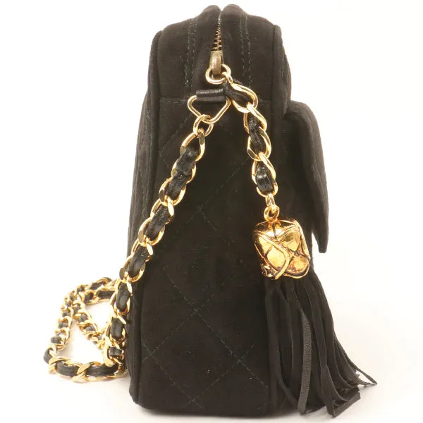Chanel Around 1990 Made Suede Cc Mark Stitch Fringe Chain Bag Black