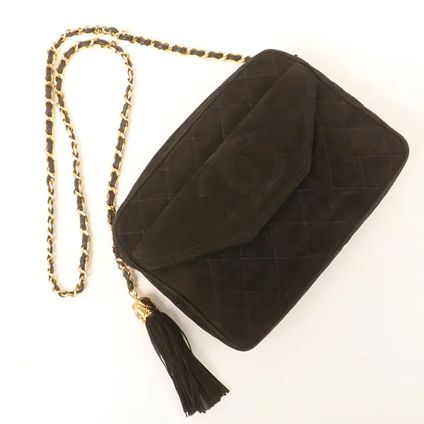 Chanel Around 1990 Made Suede Cc Mark Stitch Fringe Chain Bag Black
