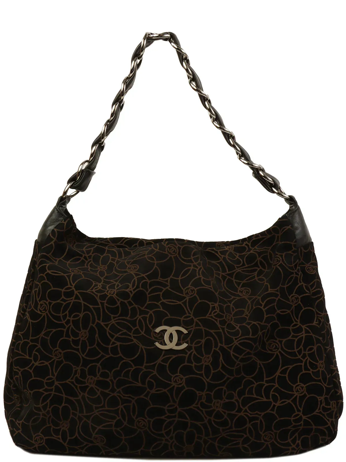 CHANEL Around 2004 Made Suede Camellia Pattern Cc Mark Plate Chain Shoulder Bag Black