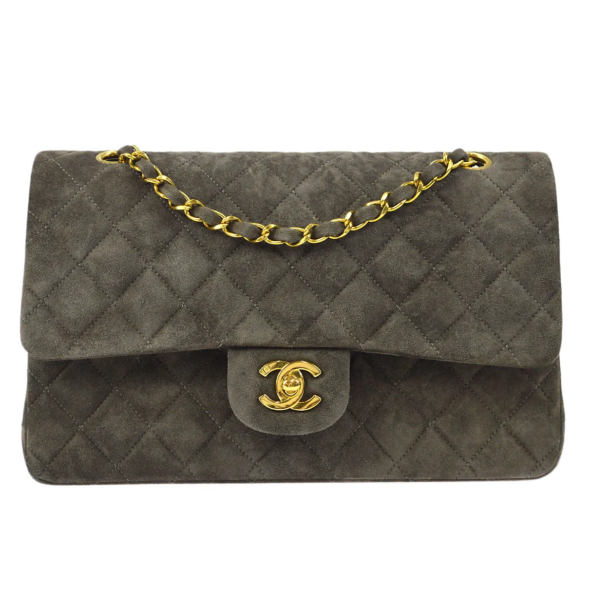 CHANEL Classic Double Flap Medium Shoulder Bag Gray Suede