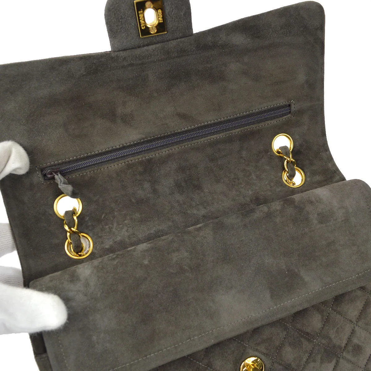CHANEL Classic Double Flap Medium Shoulder Bag Gray Suede