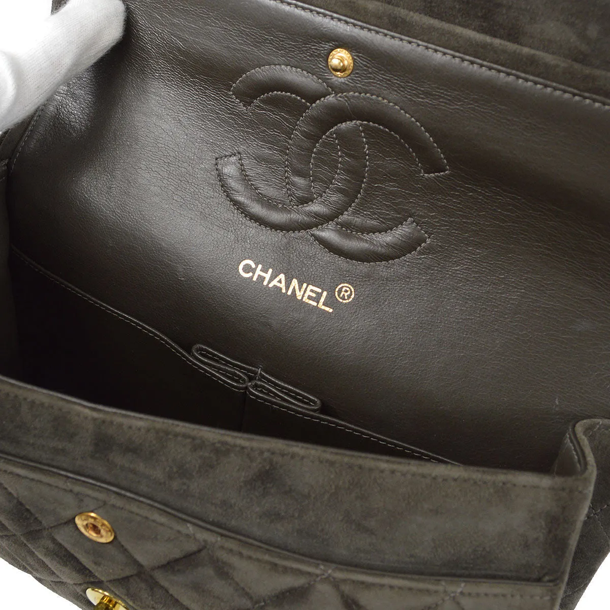 CHANEL Classic Double Flap Medium Shoulder Bag Gray Suede