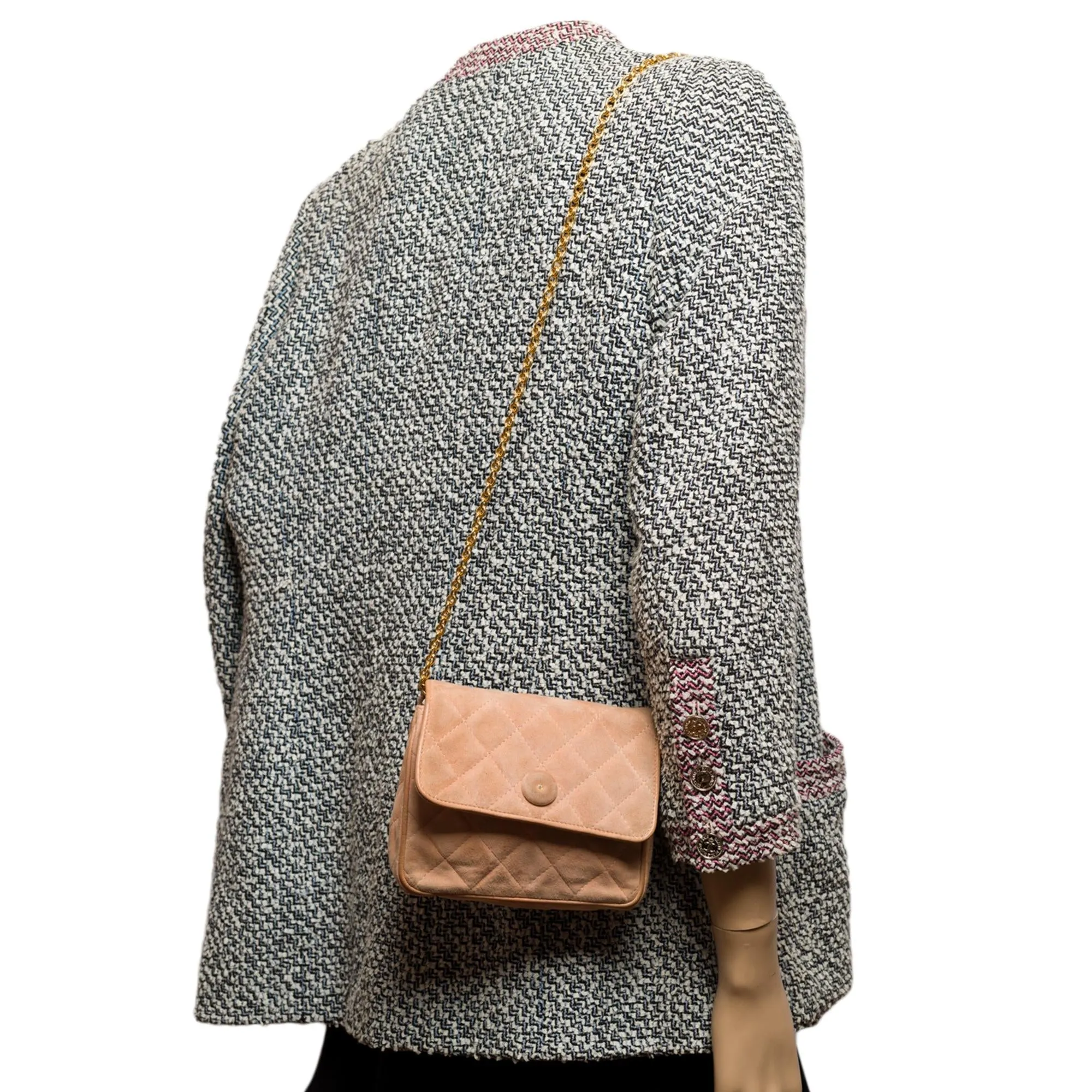 CHANEL Classic Mini shoulder flap Bag in pink quilted suede, GHW