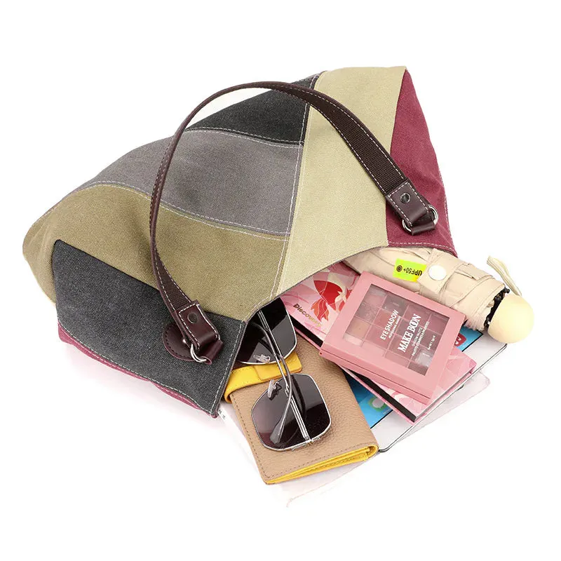 Large-capacity stitching contrasting canvas bag