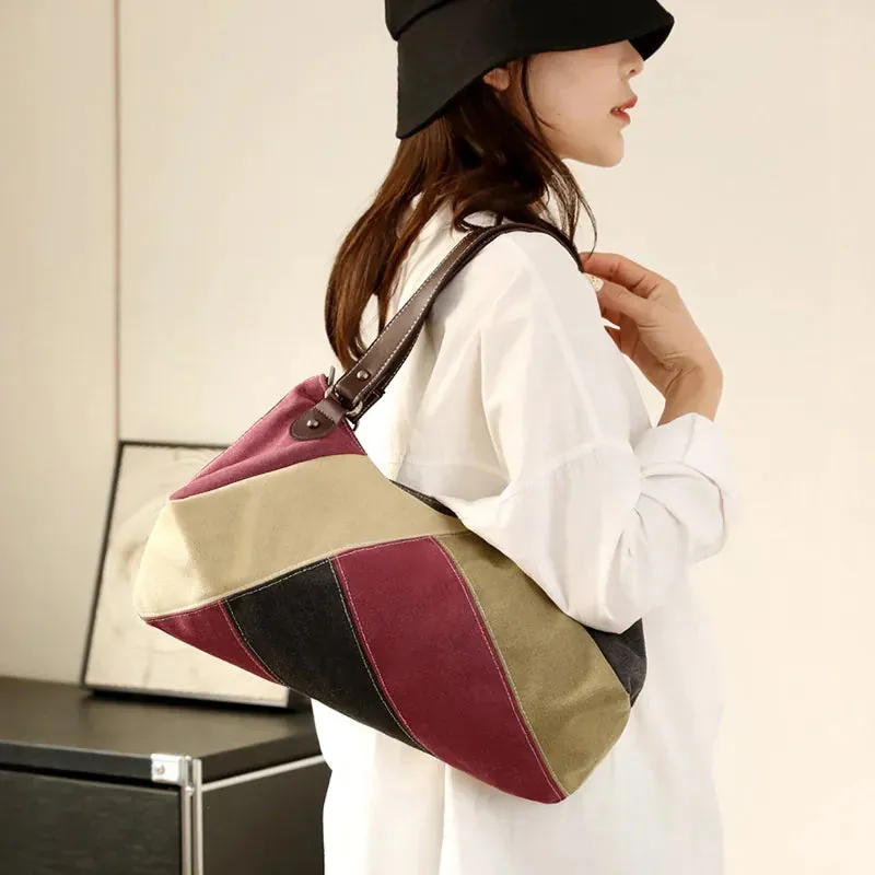 Large-capacity stitching contrasting canvas bag