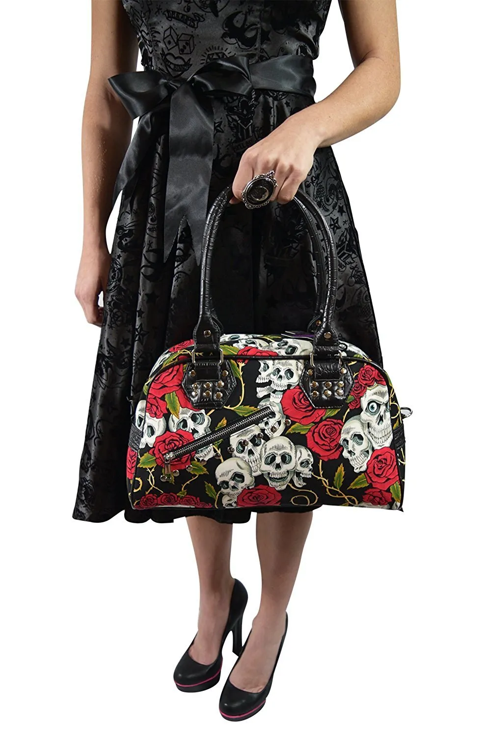 Lost Queen Alternative Gothic Valentine Skull & Roses Tattoo Handbag
