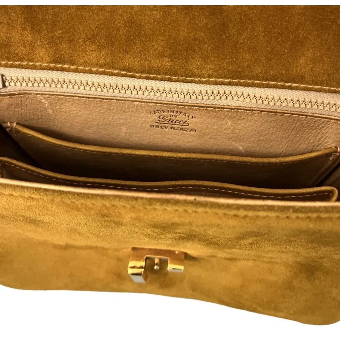 RARE, Gucci, 1975 Sylvie yellow leather & suede, shoulder bag with an adjustable strap, a bold gold zipper accent & clasp, & original box