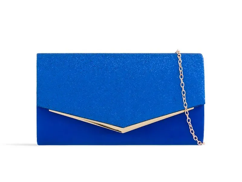 Royal Blue Sparkle & Suede Gold Trim Clutch Bag