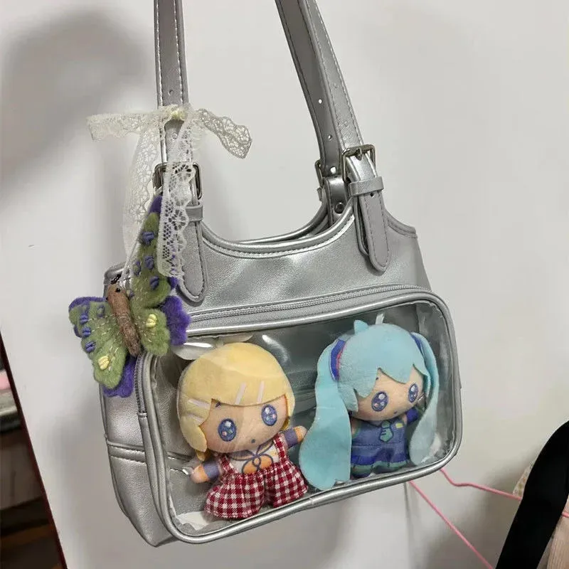 Uakiss Transparent Pockets Y2k Silver Pain Bags PU Leather Cute Ita Handbags JK Uniform Shoulder Bags DIY Display Lolita Bags Girls