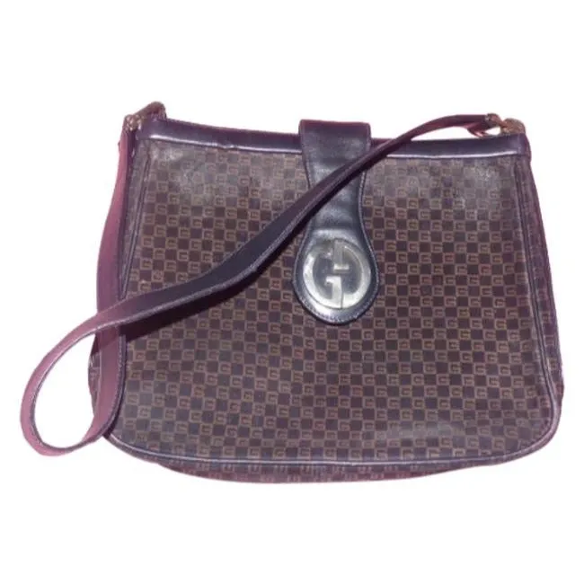 Vintage, RARE, Gucci, mod, black & brown square G logo print n suede, 1973 hobo style purse
